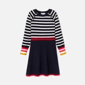 Jacadi Paris Girls Navy Striped Knit Dress Gold Button Detail Size 8Y